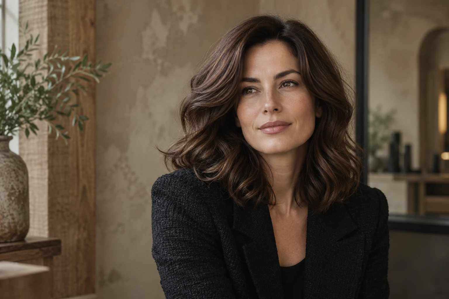 Editorial portrait showing softly waved brunette hair